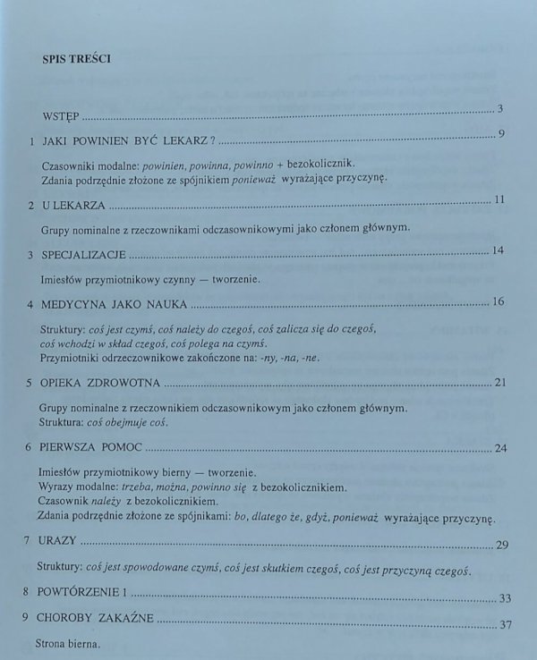 Chcę studiować medycynę. Język polski dla cudzoziemców - spis treści