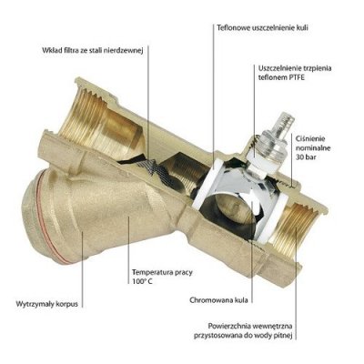 Zawór z filtrem siatkowym skośny z dławicą 1/2 cal Ferro