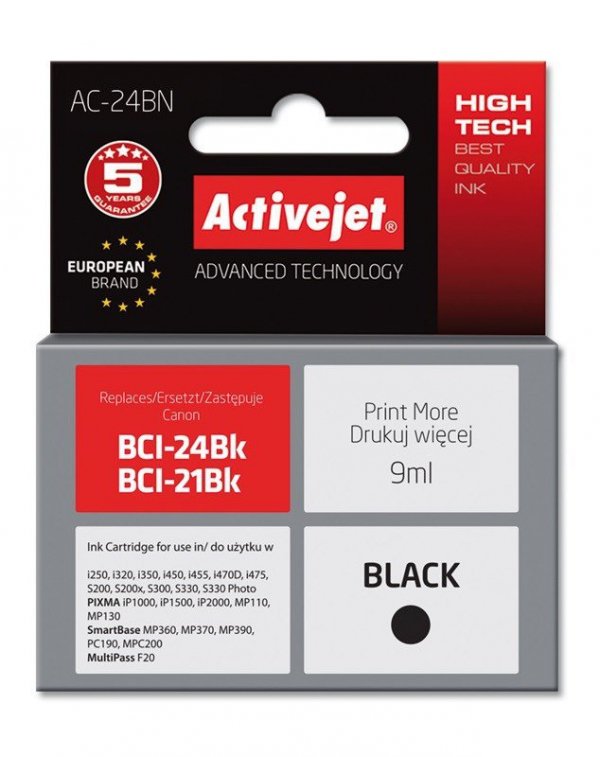 Tusz Activejet AC-24BN (zamiennik Canon BCI-24BK; Supreme; 9 ml; czarny)