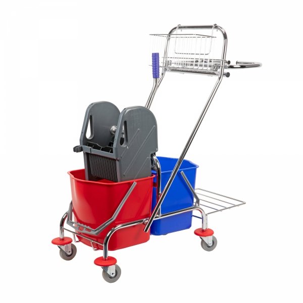 Wózek do sprzątania dwuwiaderkowy 2x17L z prasą, koszykiem i uchwytem CleanPRO 352607