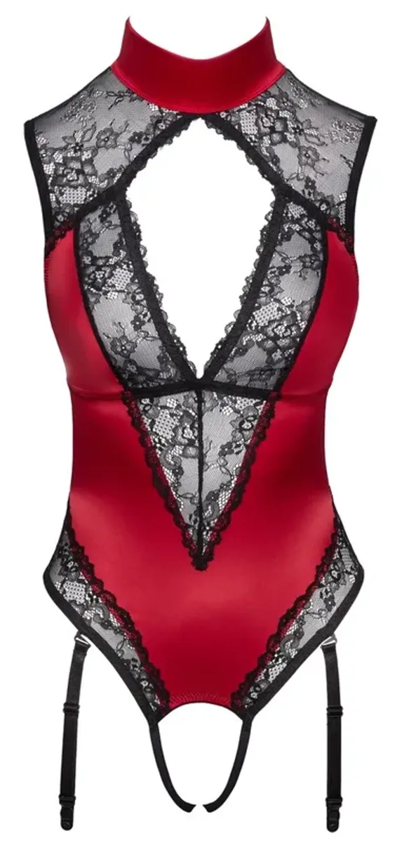 Cottelli LINGERIE - Seksowne Czerwone Body Z Delikatną Koronką Bez Krocza S