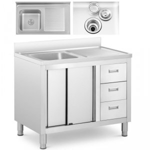 Zlew basen gastronomiczny jednokomorowy z szafką z drzwiami przesuwnymi szufladami stalowy 100 x 60 x 94.5 cm