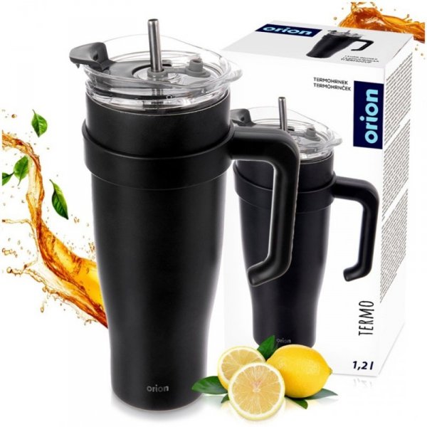 STALOWY KUBEK TERMICZNY TERMOS 1200ml Z RĄCZKĄ I SŁOMKĄ ORION 112284 CZARNY