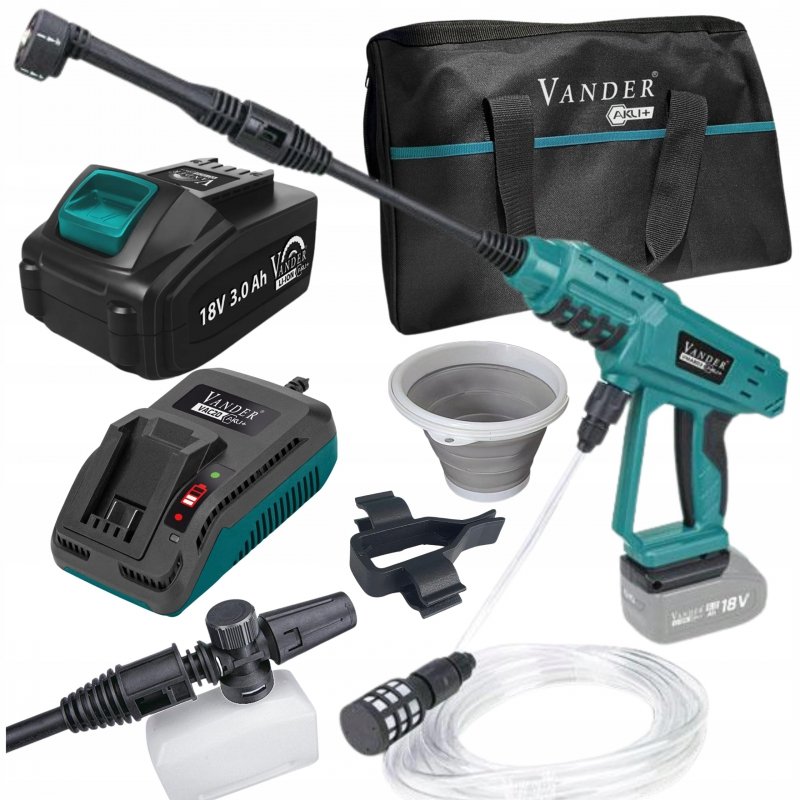 Myjka Ciśnieniowa Akumulatorowa 18V 3,0Ah VANDER 24Bar Pianownica i Wąż 6 m