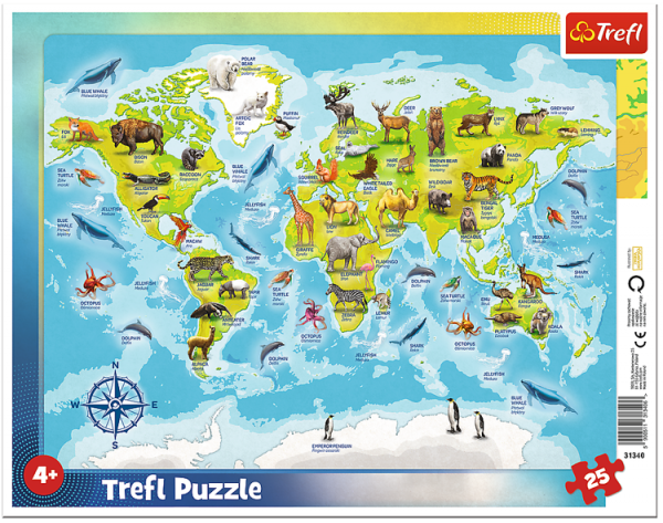 Puzzle ramkowe 25 elementów Mapa świata zwierzęta 31340 Trefl