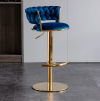Hoker złoty stołek barowy z podnóżkiem regulowany, obrotowy niebieskie siedzisko