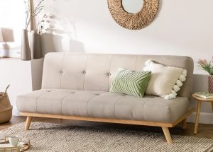 Rozkładana kanapa sofa 3 osobowa July do salonu z drewna i lnu pszeniczny brąz