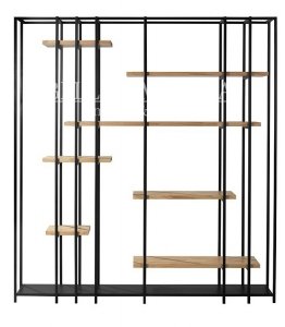 Czarny stalowy wysoki regał z drewnianymi półkami do salonu loft