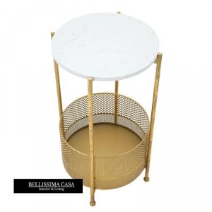 Okrągły marmurowy stolik z koszem złoty glamour