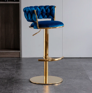 Wytworny złoty hoker obrotowy i regulowany stołek do baru Rotterdam złoty z podnóżkiem  niebieskie siedzisko