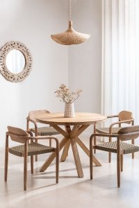 Stół Nell z krzesłami do jadani okrągły 100 cm w kolorze pszenicy brązowej.