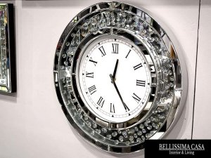 Ekskluzywny dekoracyjny kryształowy okrągły zegar ścienny srebrny 50x50 cm