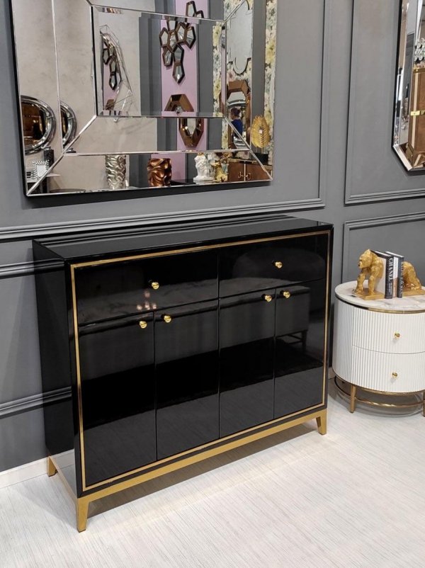 Elegancka duża komoda z szufladami Rene czarna złocona komoda do salonu