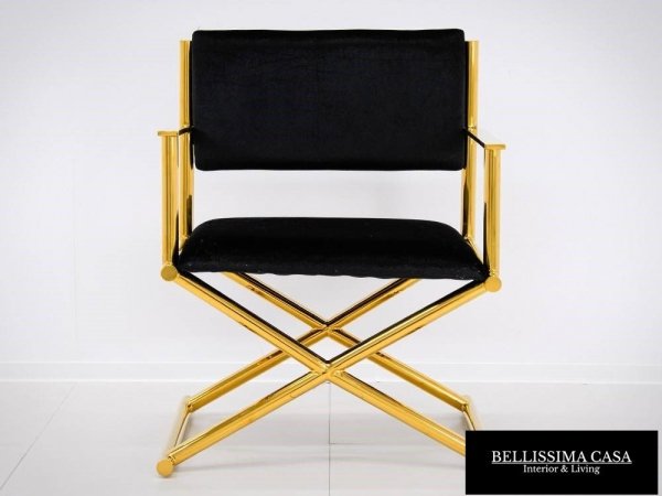 Fotel na złotym metalowym krzyżaku czarne welurowe krzesło DIRECTOR