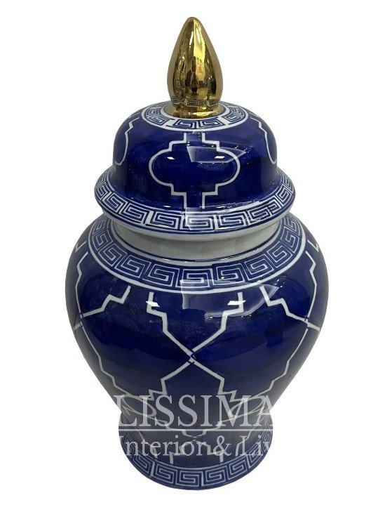 Waza wazon ceramiczny z pokrywką 37 cm z chińskiej ceramiki granatowo - biało -  złoty