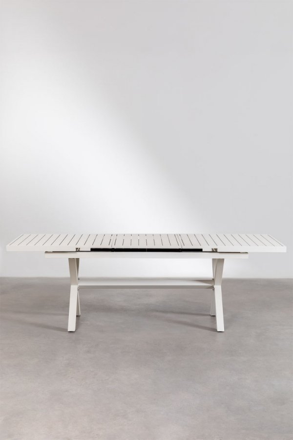 elegancki zestaw ogrodowy Paula, składający się z rozkładanego prostokątnego stołu (180-240x90 cm) i sześciu aluminiowych krzeseł z siedziskami i oparciami z tekstyliów