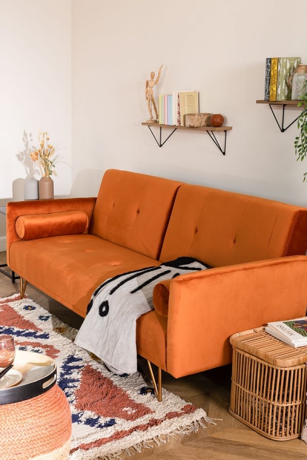 3-osobowa sofa do salonu rozkładana z funkcją spania z aksamitu kolor Óxido na metalowych nóżkach