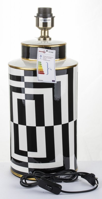 Stylowa lampa z czarnym abażurem biało czarne wzory geometryczne