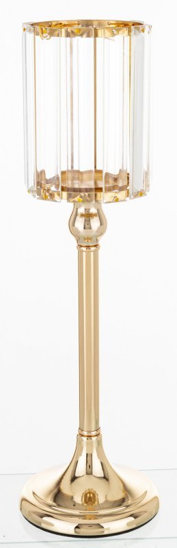 Złoty świecznik na świecę - metalowo-szklany design, rozmiar 37x11x11 cm