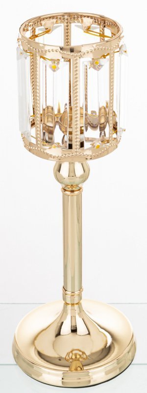 Złoty świecznik na świecę - metalowo-szklany design, rozmiar 29x11x11 cm