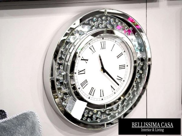 Ekskluzywny okrągły lustrzany zegar z kryształkami diamentowymi o średnicy 50 cm.
