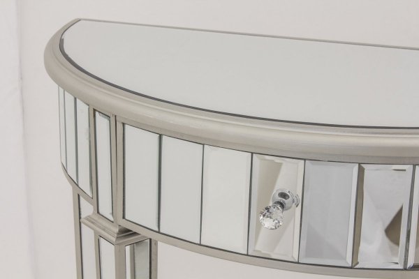 Drewniana stylizowana lustrzana półokrągła konsola glamour do salonu gabinetu sypialni.