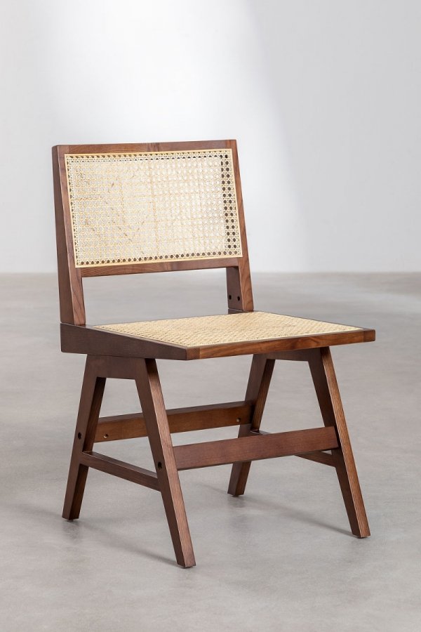 Krzesło do jadalni z drewna jesionowego z ratanowym siedziskiem i oparciem kolor ciemny brąz