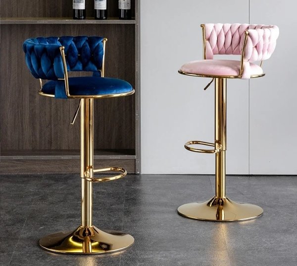 Hoker złoty stołek barowy z podnóżkiem regulowany, obrotowy różowe siedzisko