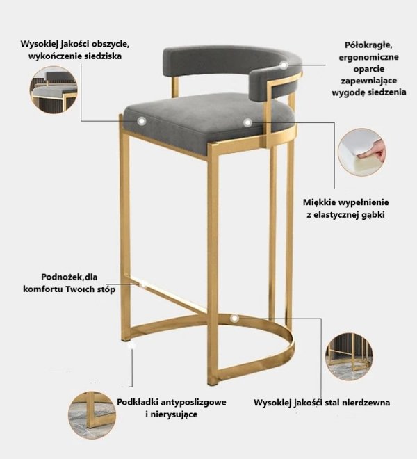Wyrafinowany stołek barowy hoker z podstawą z pozłacanej stali nierdzewnej, wykończony szarą skórzaną tapicerką