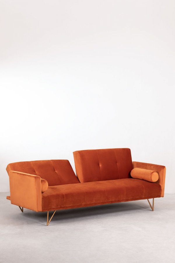 3-osobowa sofa do salonu rozkładana z funkcją spania z aksamitu kolor Óxido na metalowych nóżkach