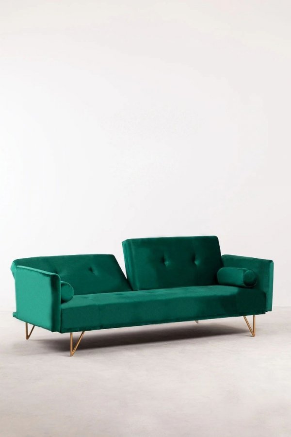 3-osobowa sofa do salonu rozkładana z funkcją spania z zielonego aksamitu na metalowych nóżkach
