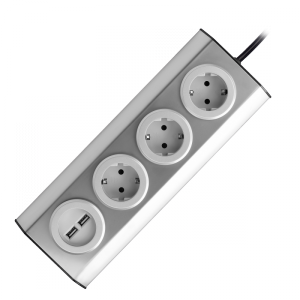 Gniazdo meblowe, kuchenne  z ładowarką USB, montowane na rzepy z przewodem 1,5m - 3x2P+Z schuko, 2xUSB, INOX z przewodem 1,5m.