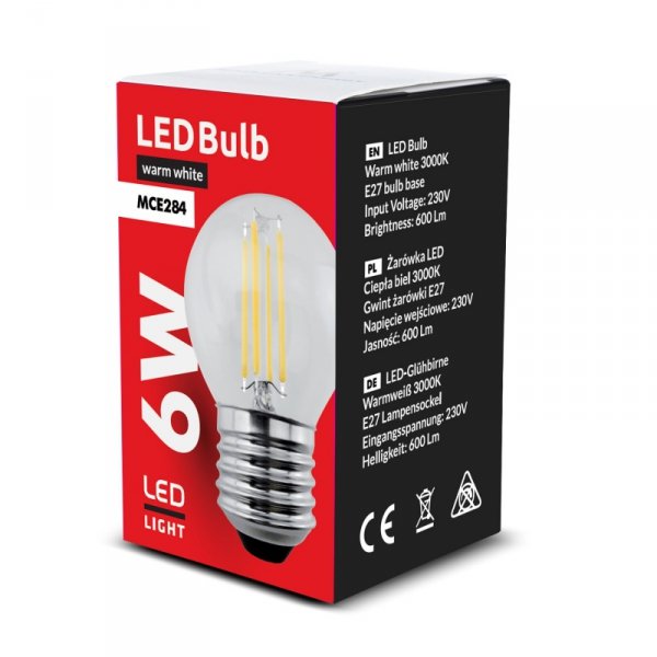 Żarówka LED Maclean, filamentowa LED E27, 6W, 230V, WW ciepła biała 3000K, 720lm, retro edison ozdobna G45, MCE284