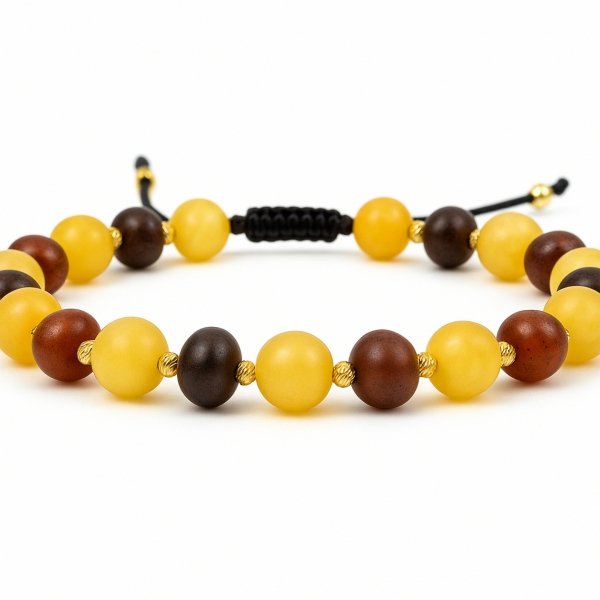 Bransoletka na sznurku z bursztynem  złoto 585 