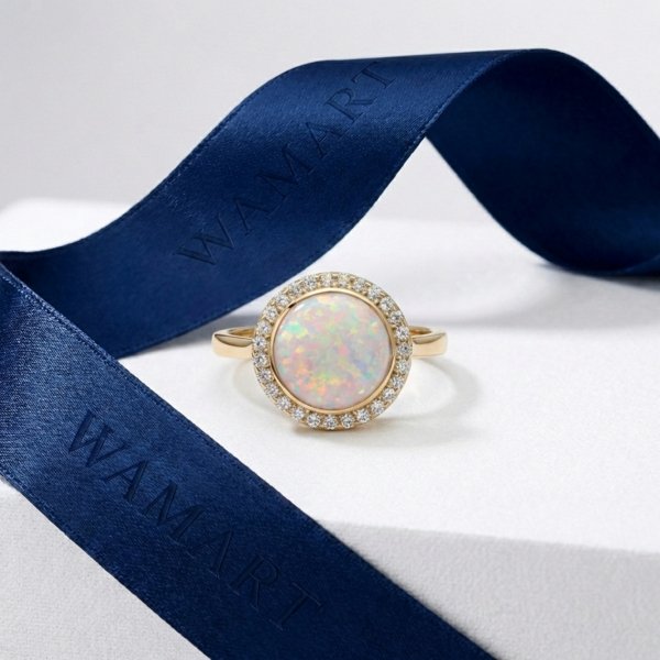 Pierścionek opal otoczony białymi kamieniami złoto 585 