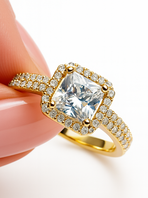 Pierścionek kamień o szlifie Princess R.19 złoto 585