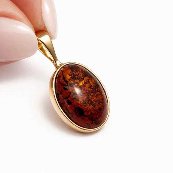 Wisior z owalnym bursztynem naturalnym złoto 585
