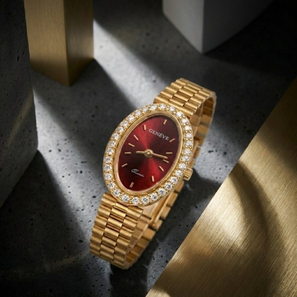 Zegarek z tarczą w kolorze rubinowym i kamieniami złoto 585 