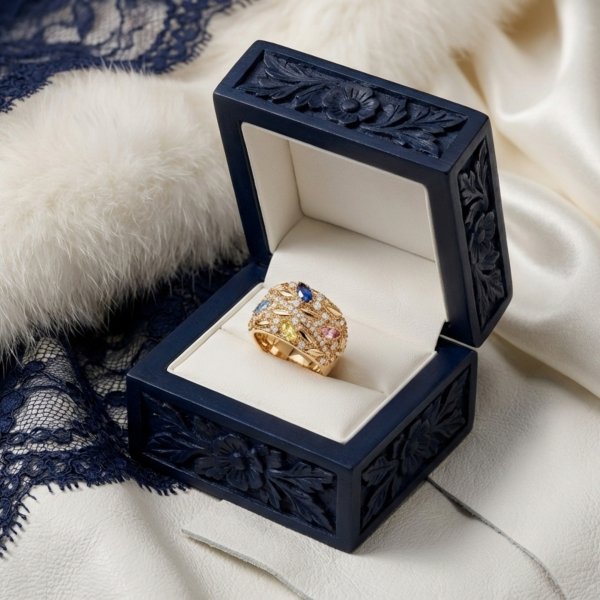 Pierścionek z motywem florystycznym i kolorowymi kamieniami złoto 585 