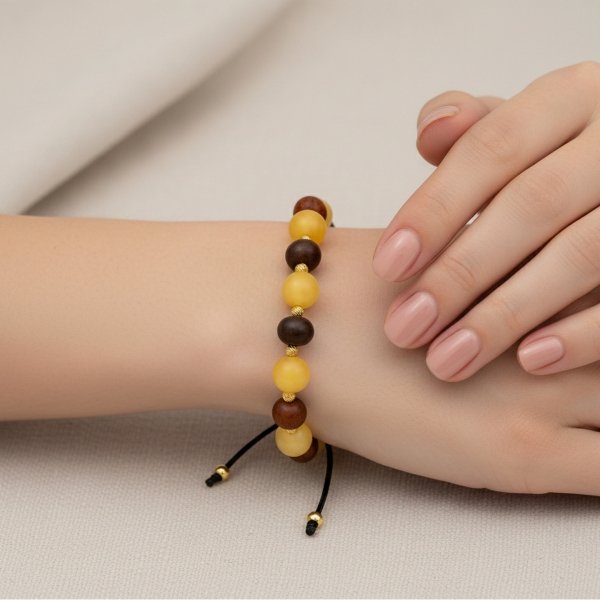 Bransoletka na sznurku z bursztynem  złoto 585 