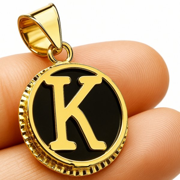 Wisior inicjał litera K koło czarne złoto 585 
