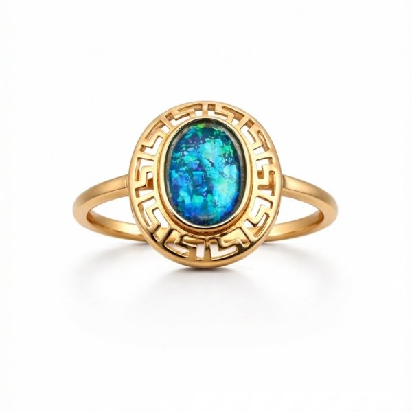 Pierścionek motyw grecki z ciemnym opalem złoto 585