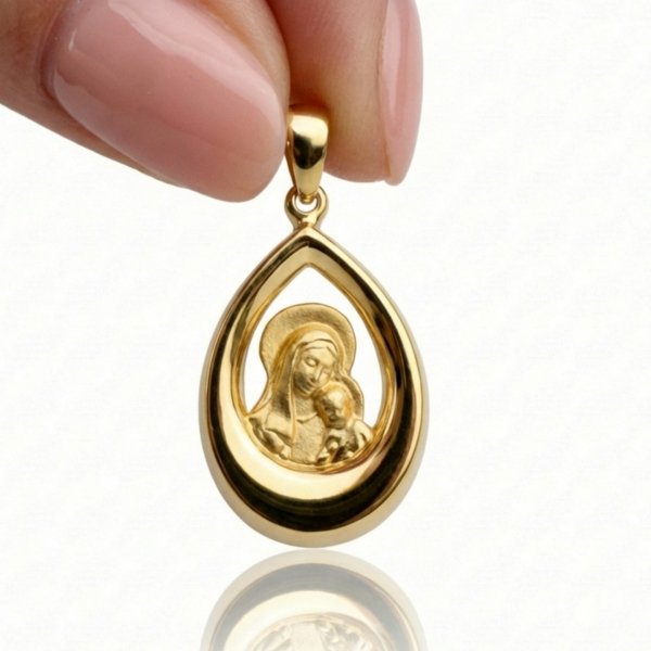 Medalik w formie kropli Matka Boska z Dzieciątkiem ze złota 585 