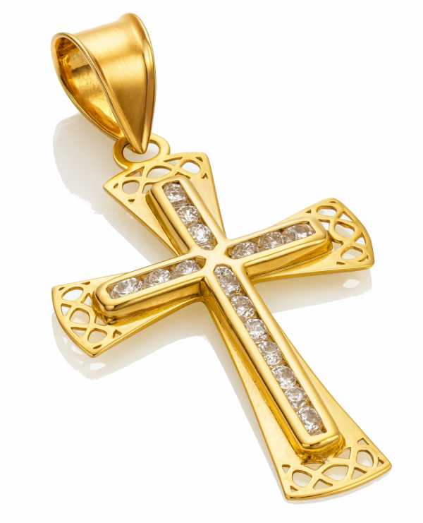 Krzyż 3D z białymi kamieniami złoto 585 