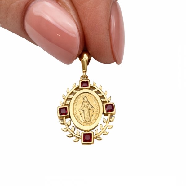 Zawieszka cudowny medalik z rubinowymi kamieniami złoto 585 