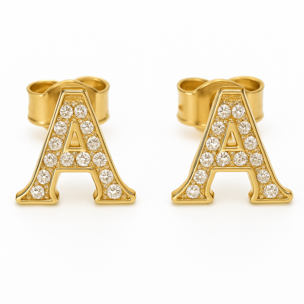  Kolczyki litery A sztyft  kamienie złoto 585