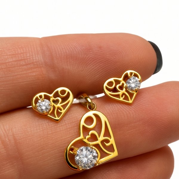 Komplet serca z białym kamieniem złoto 585 