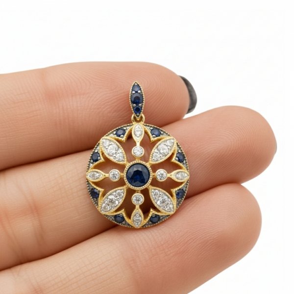 Wisior szafiry i  diamenty naturalne złoto 585