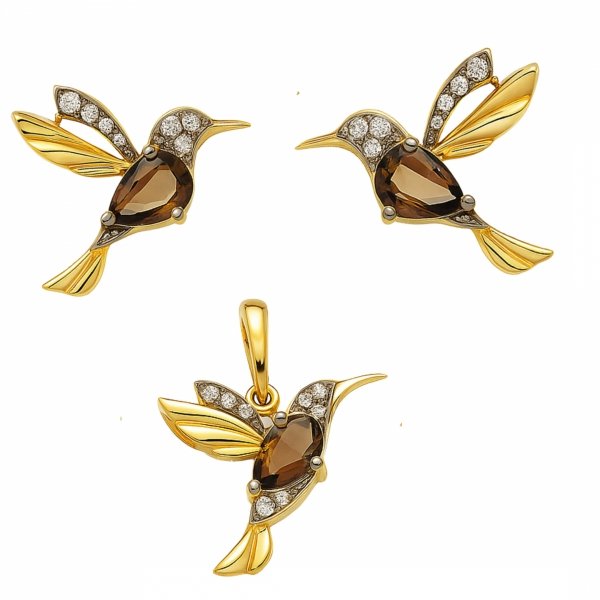  Komplet kolibry kwarc dymny diamenty złoto 585 