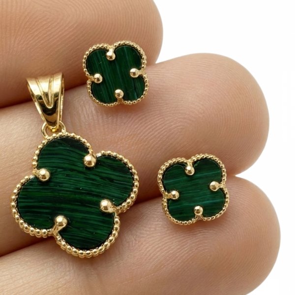 Komplet wisior i kolczyki koniczyna malachit złoto 585 